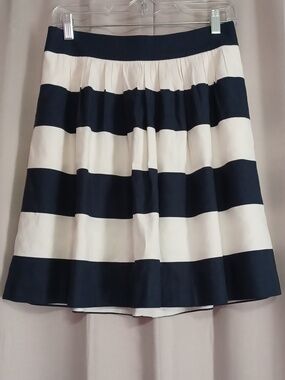 Banana Republic Linen Blend Nautical Navy White Stripe Pleated Skirt Pockets